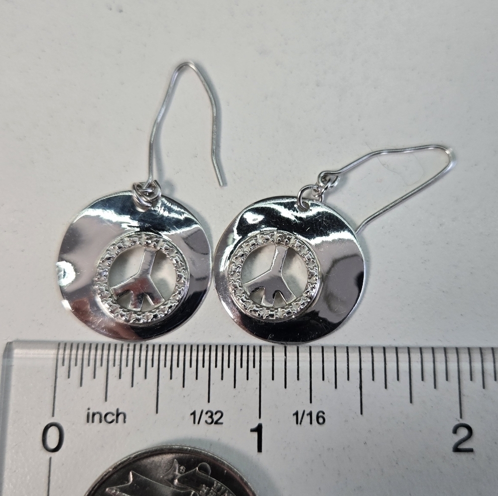 Circle of Peace Sign Symbol Earrings Sterling Silver Dandle Round - Picture 7 of 9